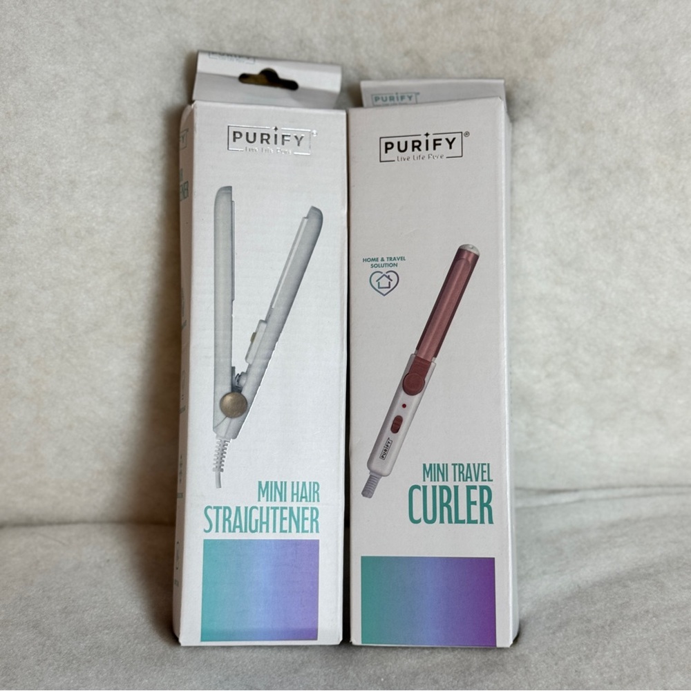 Purify Mini Travel Pink‎ Curler & White Mini Hair Straightner -NEW- 2pc